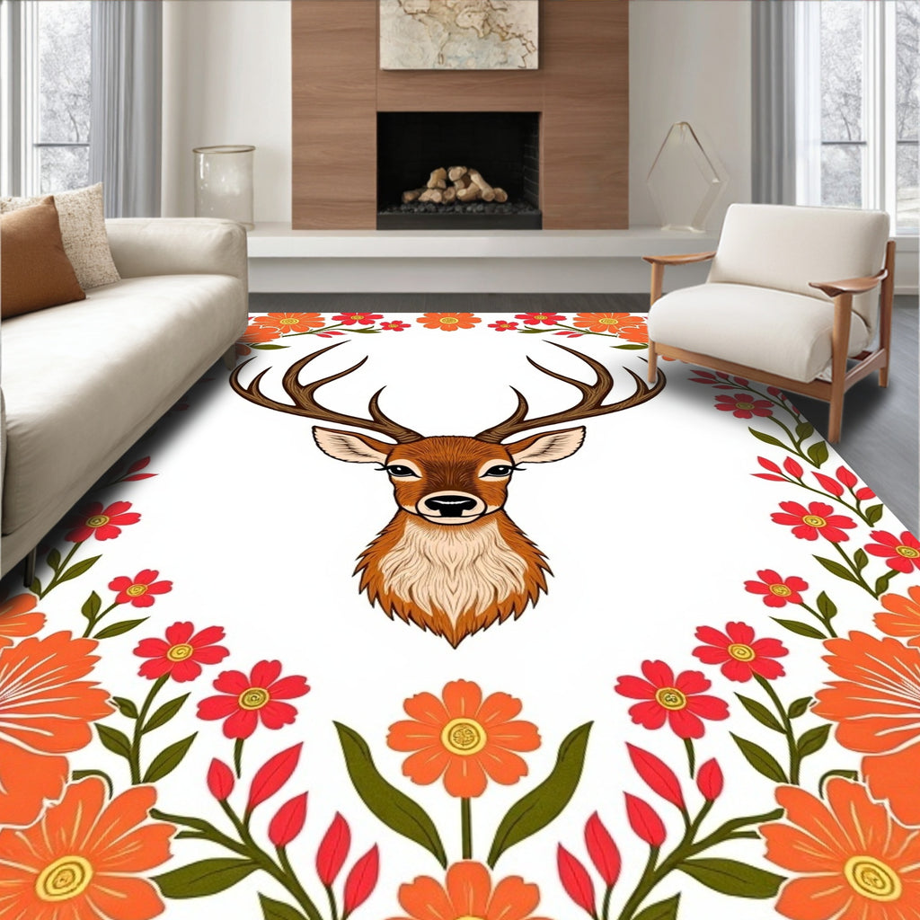 Vibrant Deer Floral Border Rug