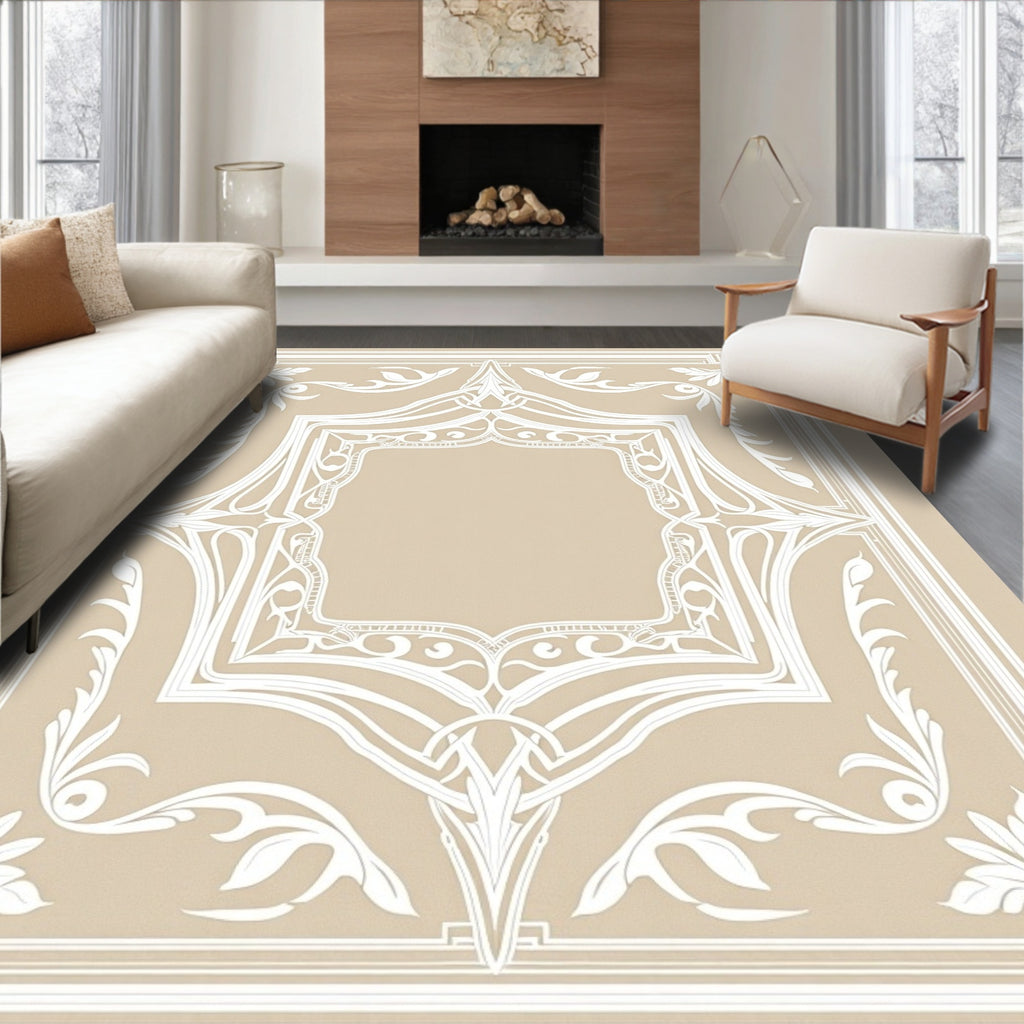 Elegant Cream White Floral Border Rug