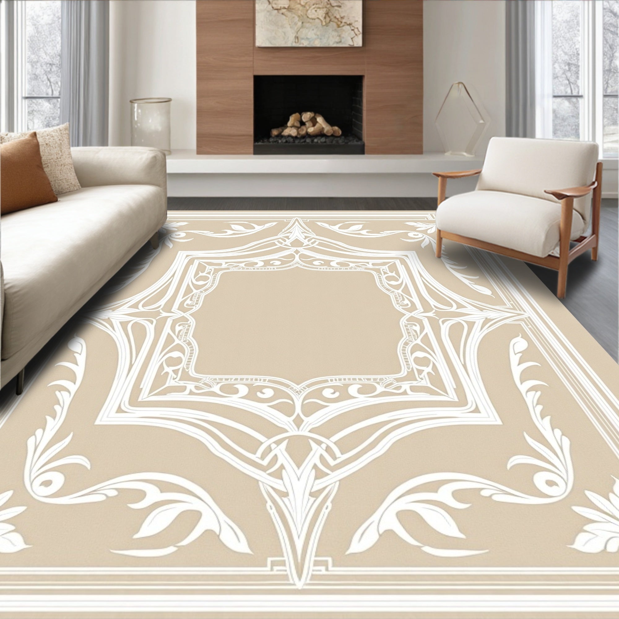 Elegant Cream White Floral Border Rug
