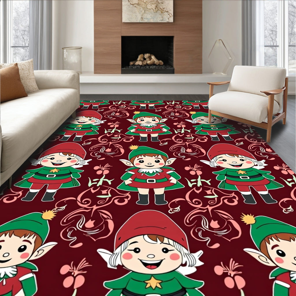 Festive Elf Characters Burgundy Background Rug