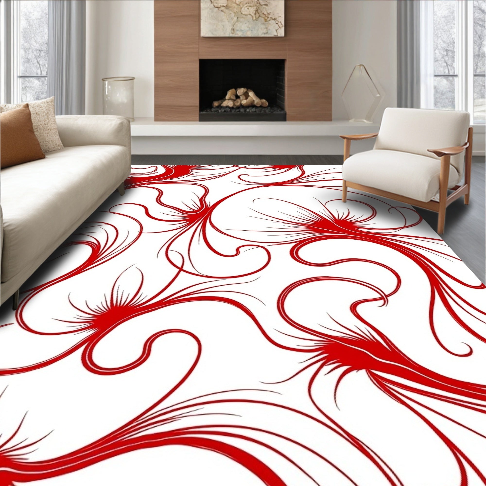Crimson Swirling Floral Flourish Rug