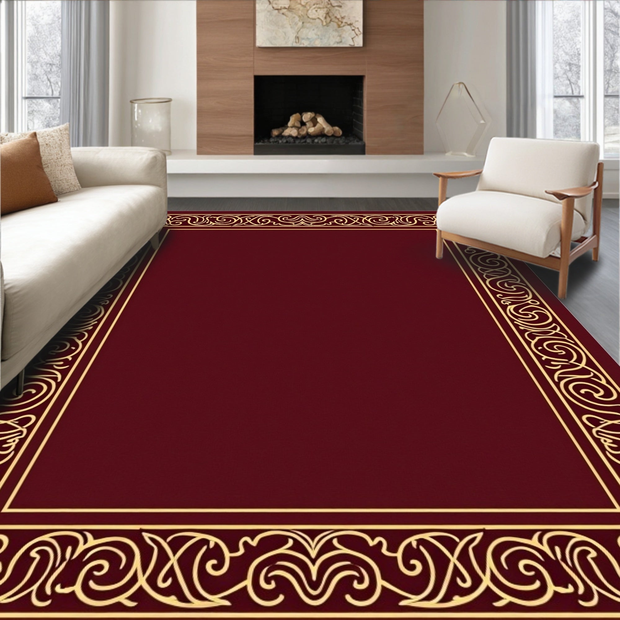 Burgundy Golden Vine Border Rug
