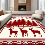 Crimson Winter Forest Deer Snowflakes Rug