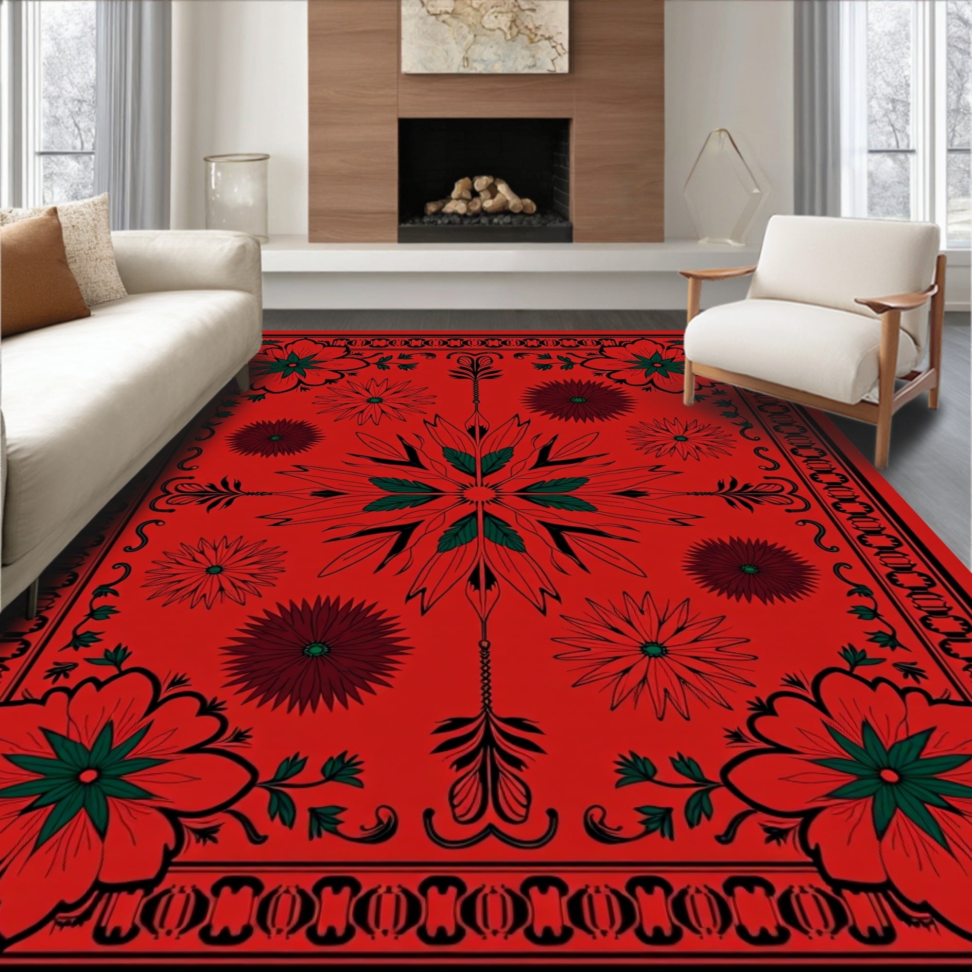 Vibrant Red Floral Medallion Border Rug