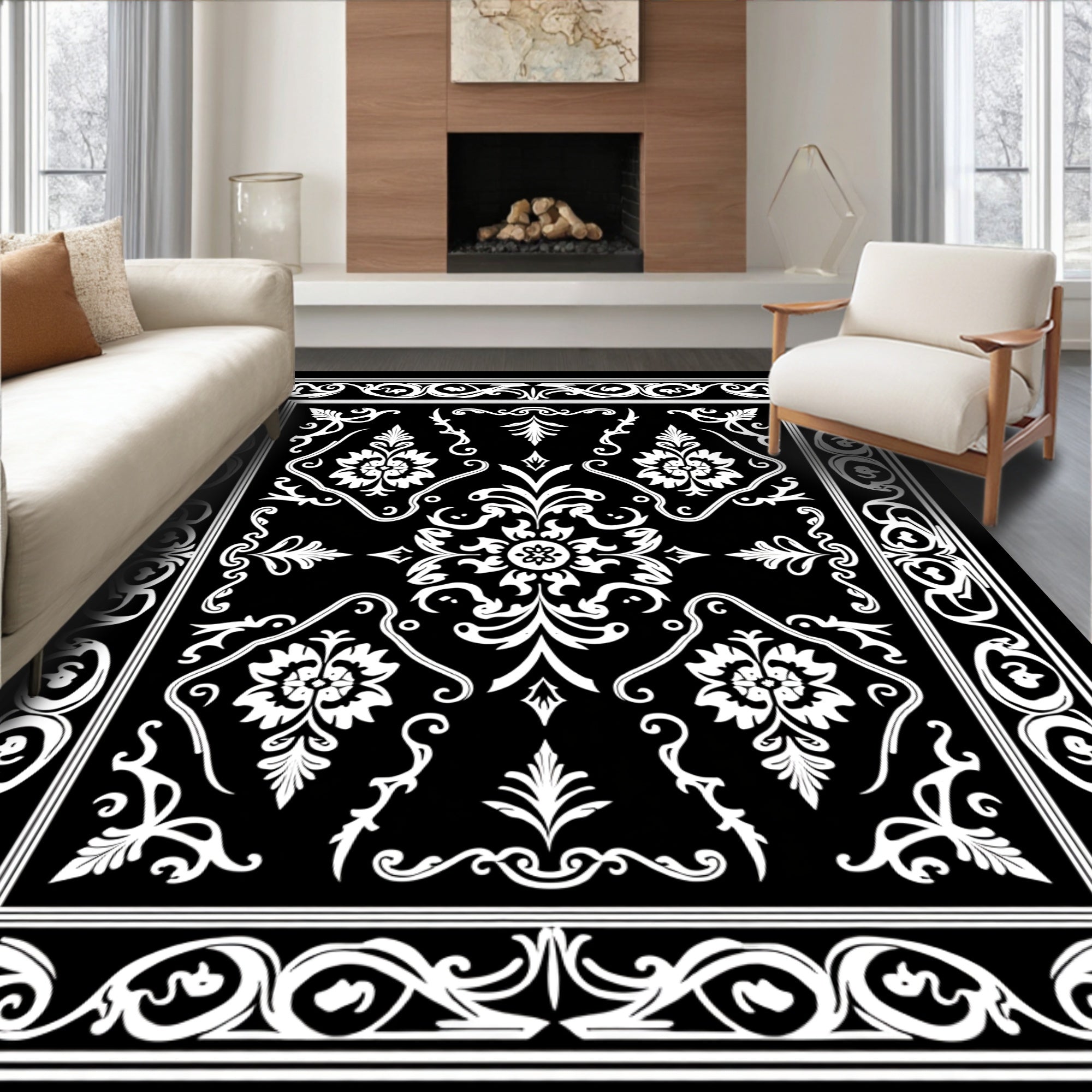 Classic Black White Floral Scroll Rug