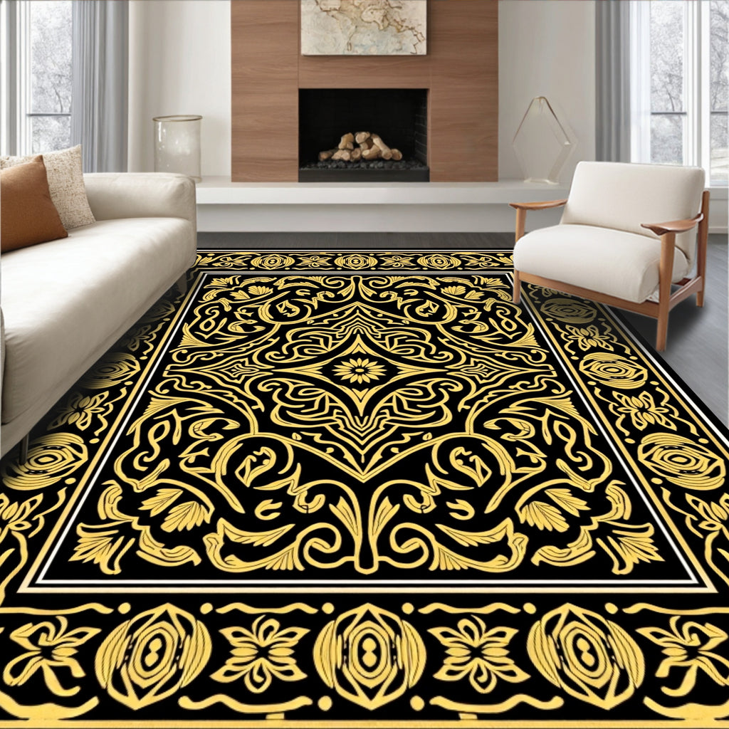 Gold Black Ornamental Floral Border Rug