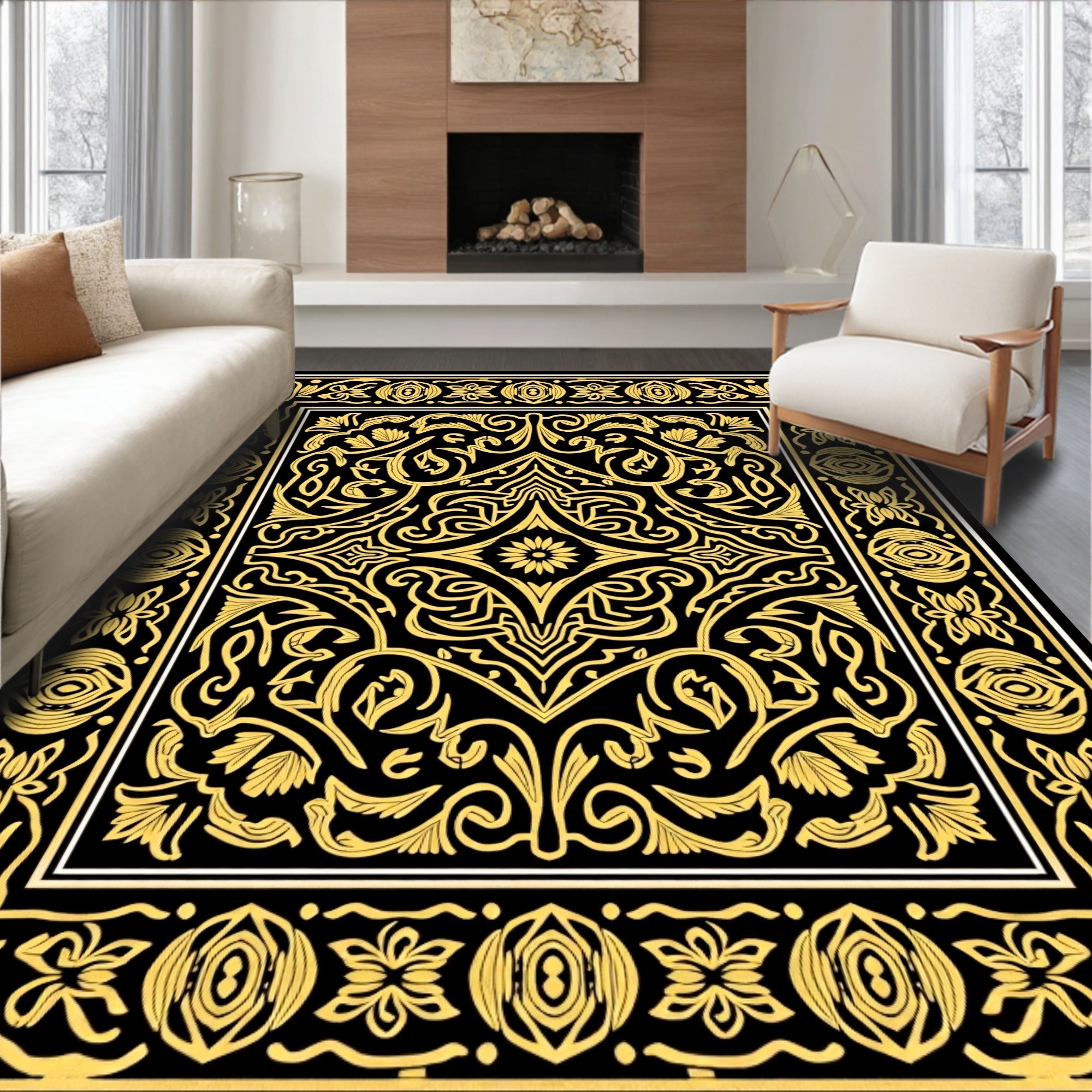 Gold Black Ornamental Floral Border Rug