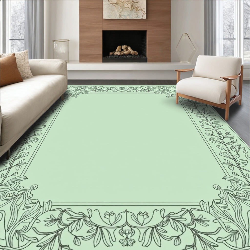 Elegant Mint Green Floral Scroll Border Rug