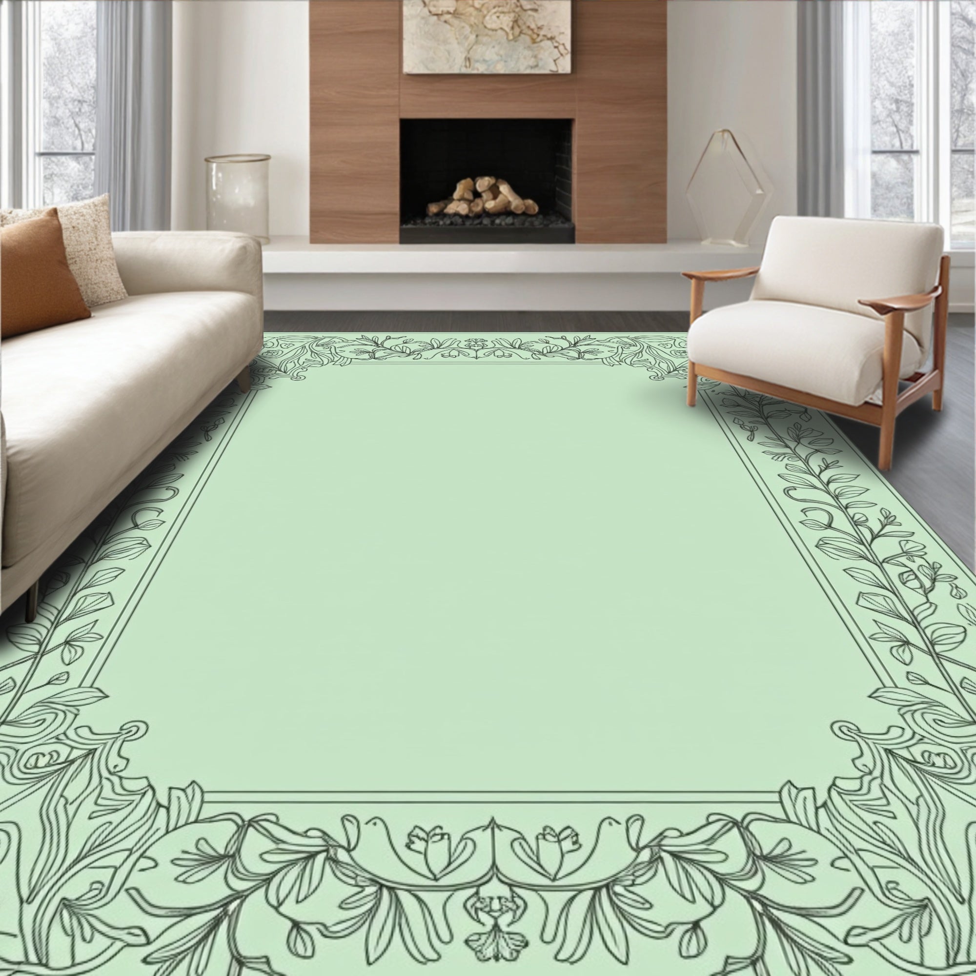 Elegant Mint Green Floral Scroll Border Rug