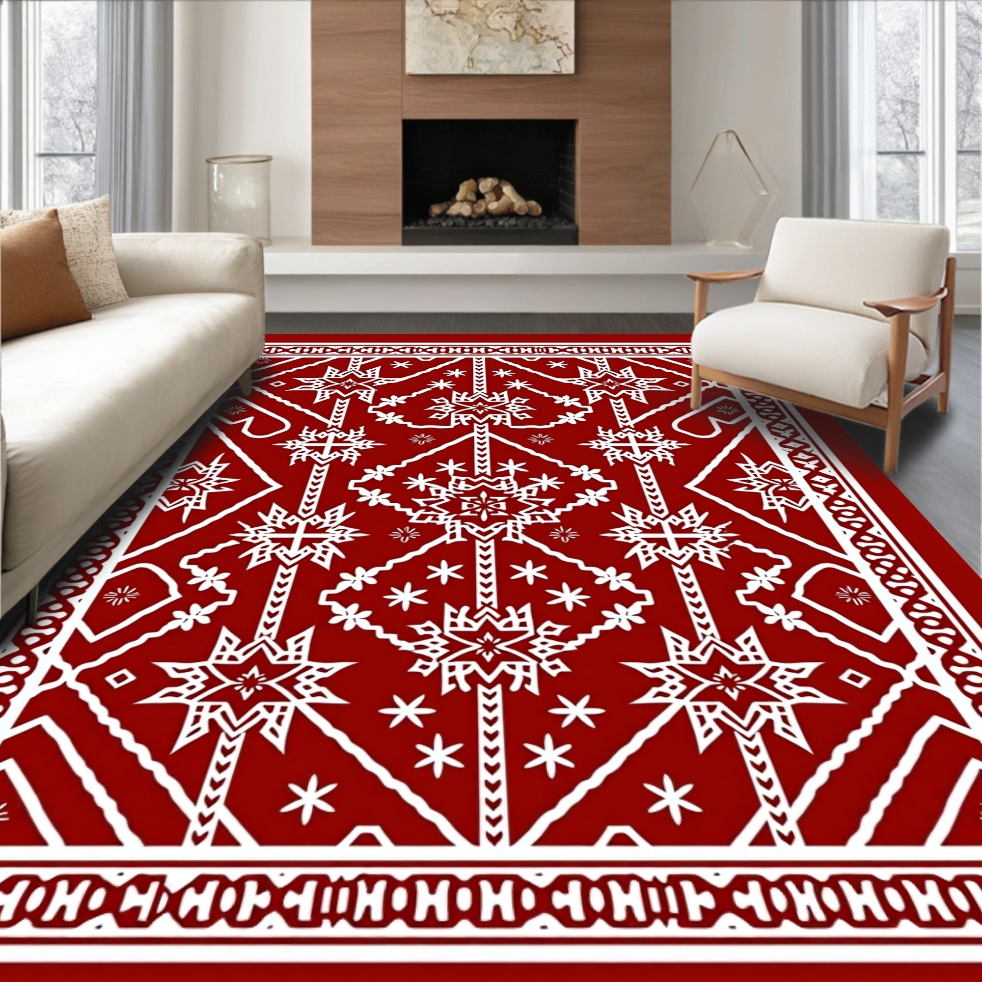 Crimson White Starburst Geometric Medallion Rug