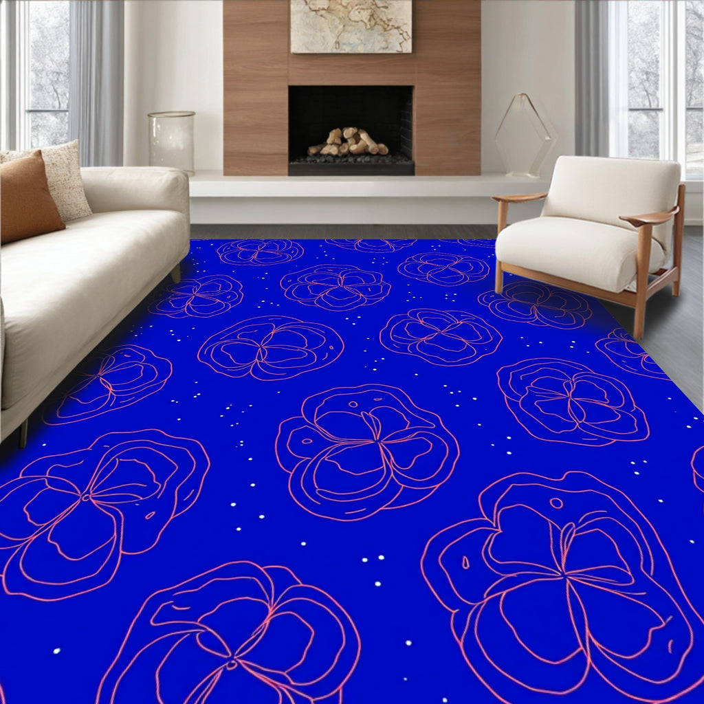 Vibrant Coral Flower Scatter Blue Background Rug