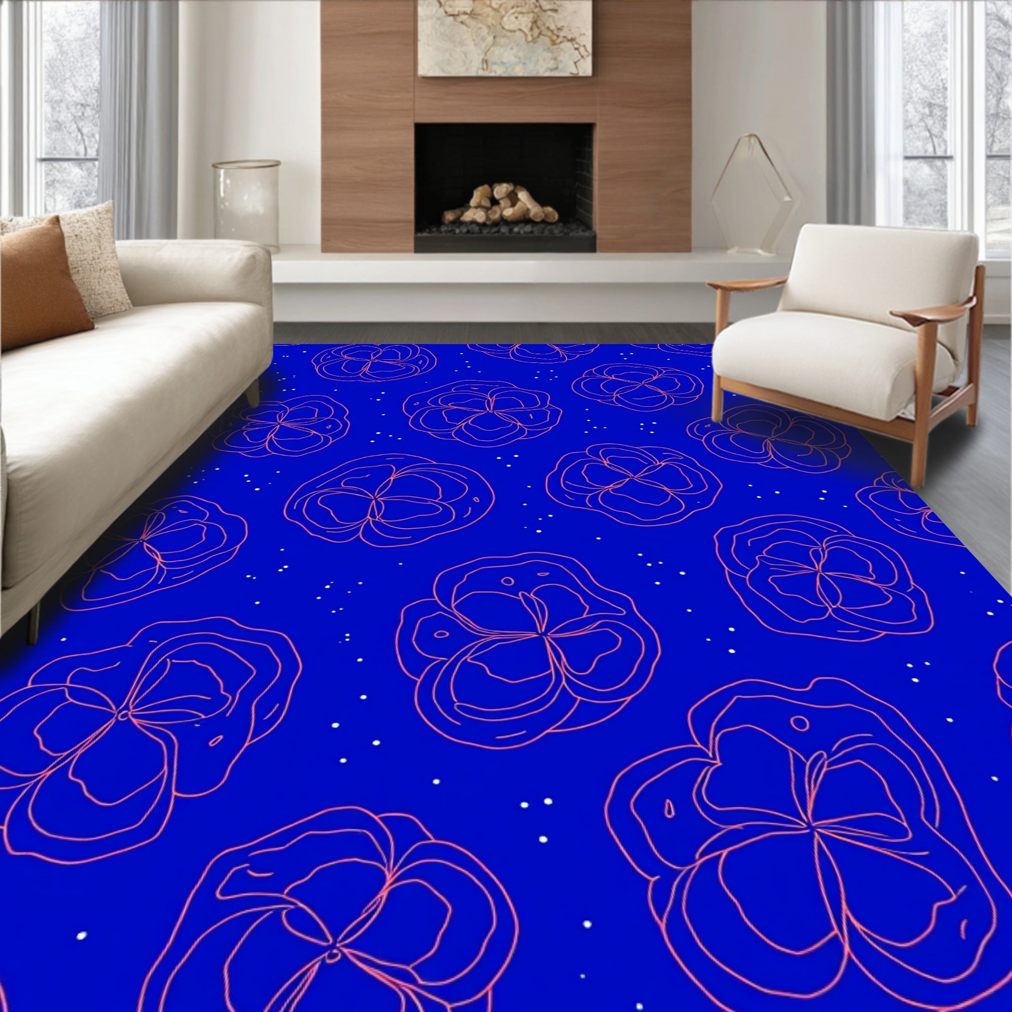 Vibrant Coral Flower Scatter Blue Background Rug