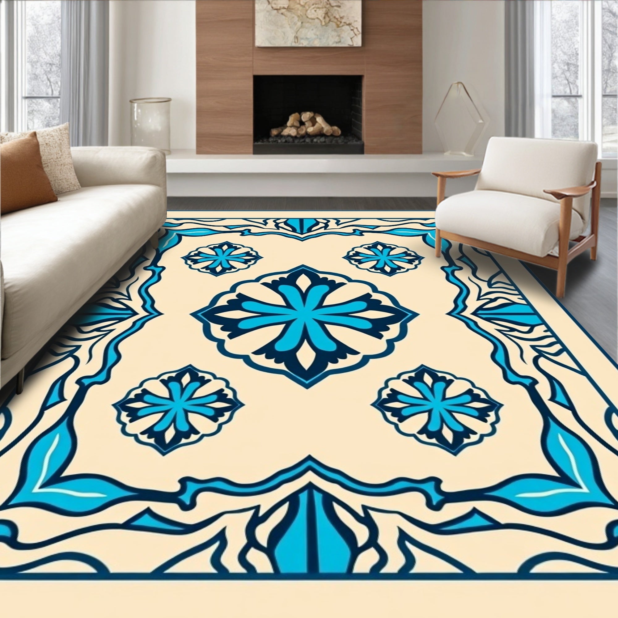 Cream Blue Floral Medallion Border Rug