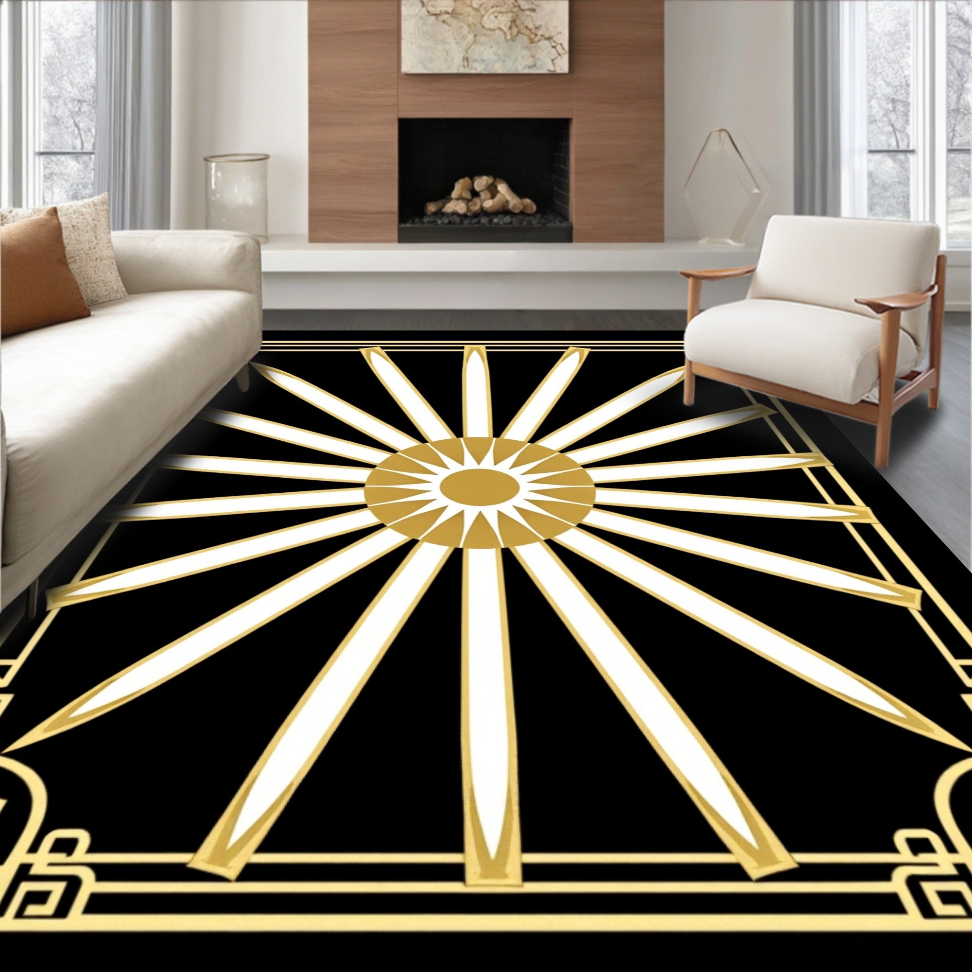 Gold White Sunburst Art Deco Rug