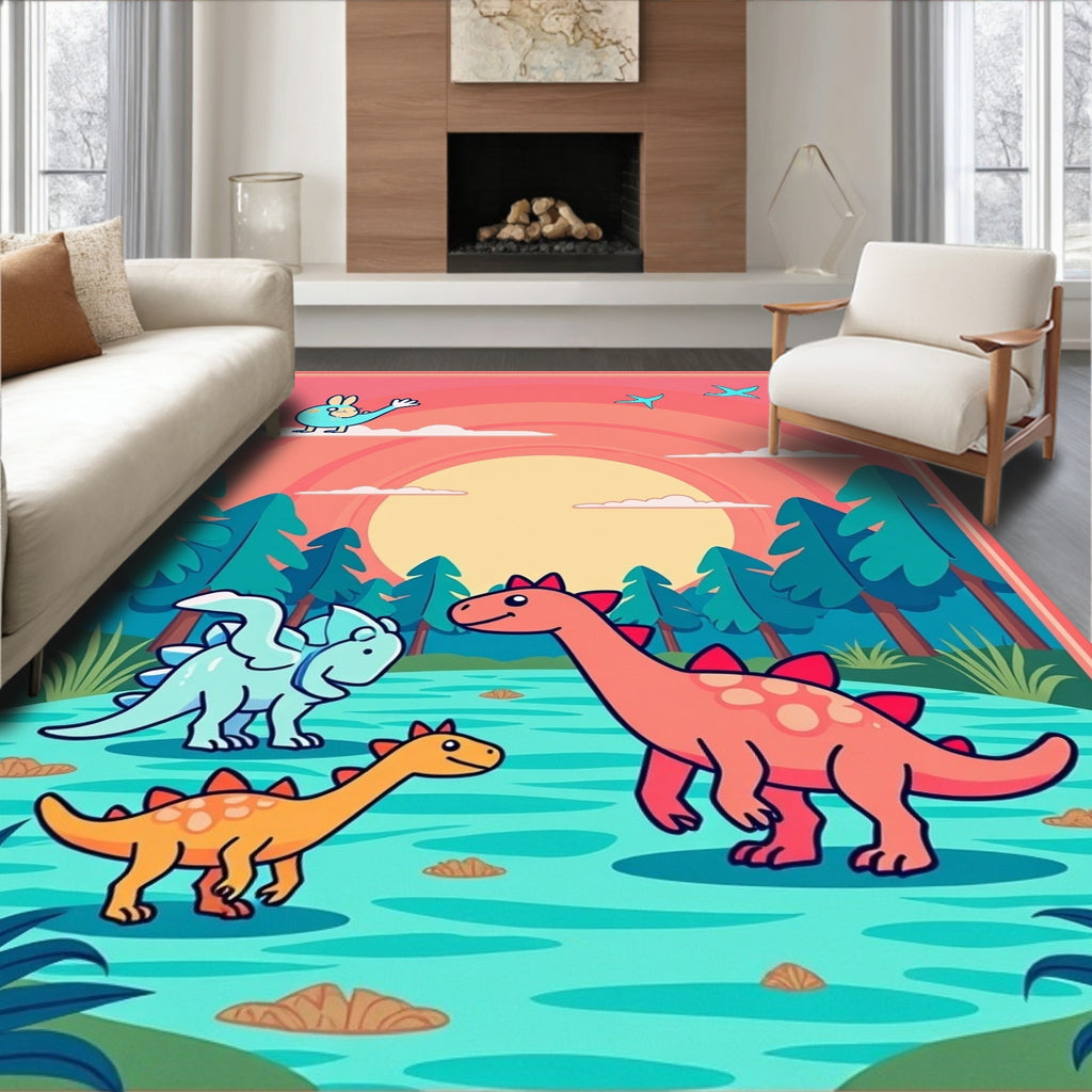 Whimsical Dinosaur Sunset Landscape Rug
