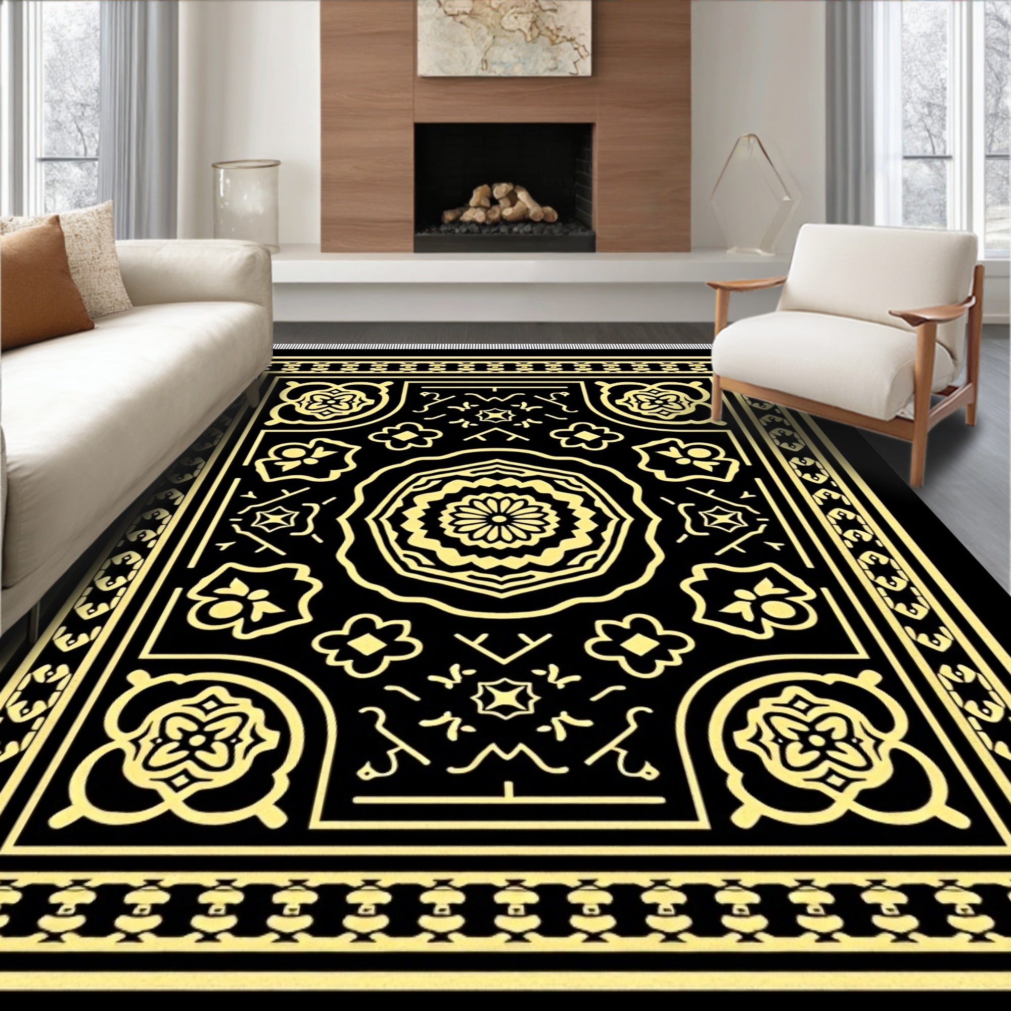 Ornate Black Golden Medallion Rug