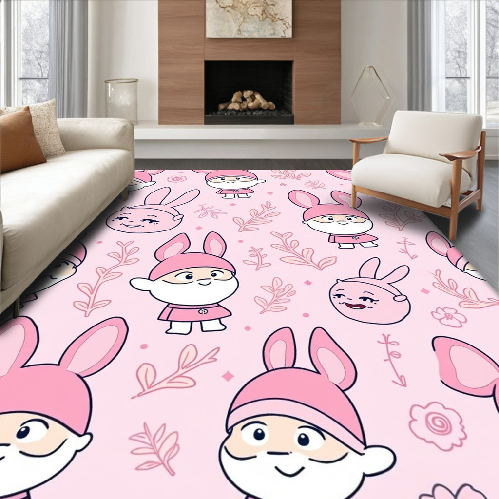 Cute Pink Bunny Characters Floral Pattern Rug