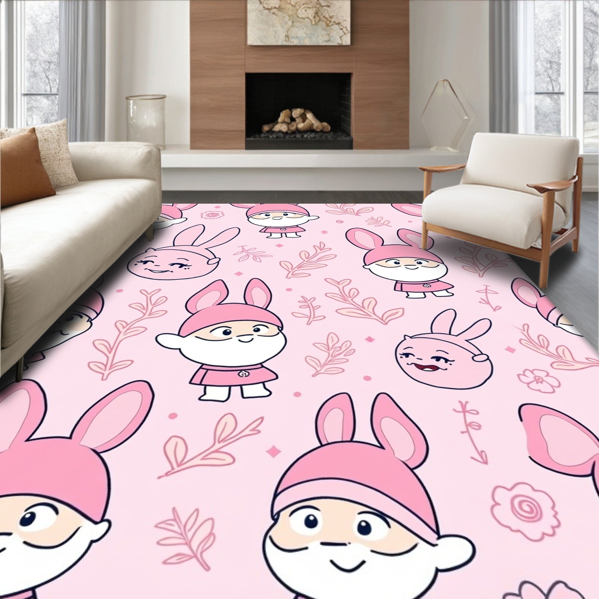 Cute Pink Bunny Characters Floral Pattern Rug