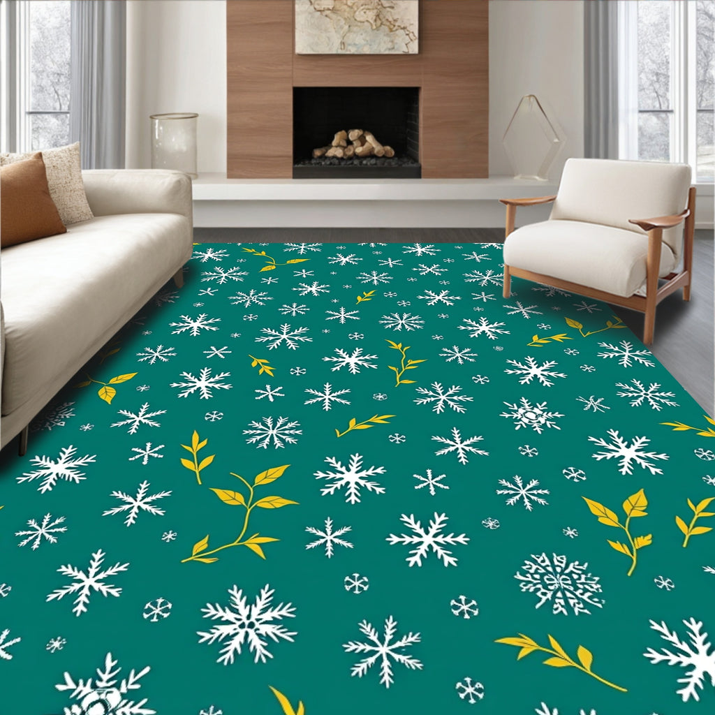 Teal White Snowflakes Gold Foliage Rug