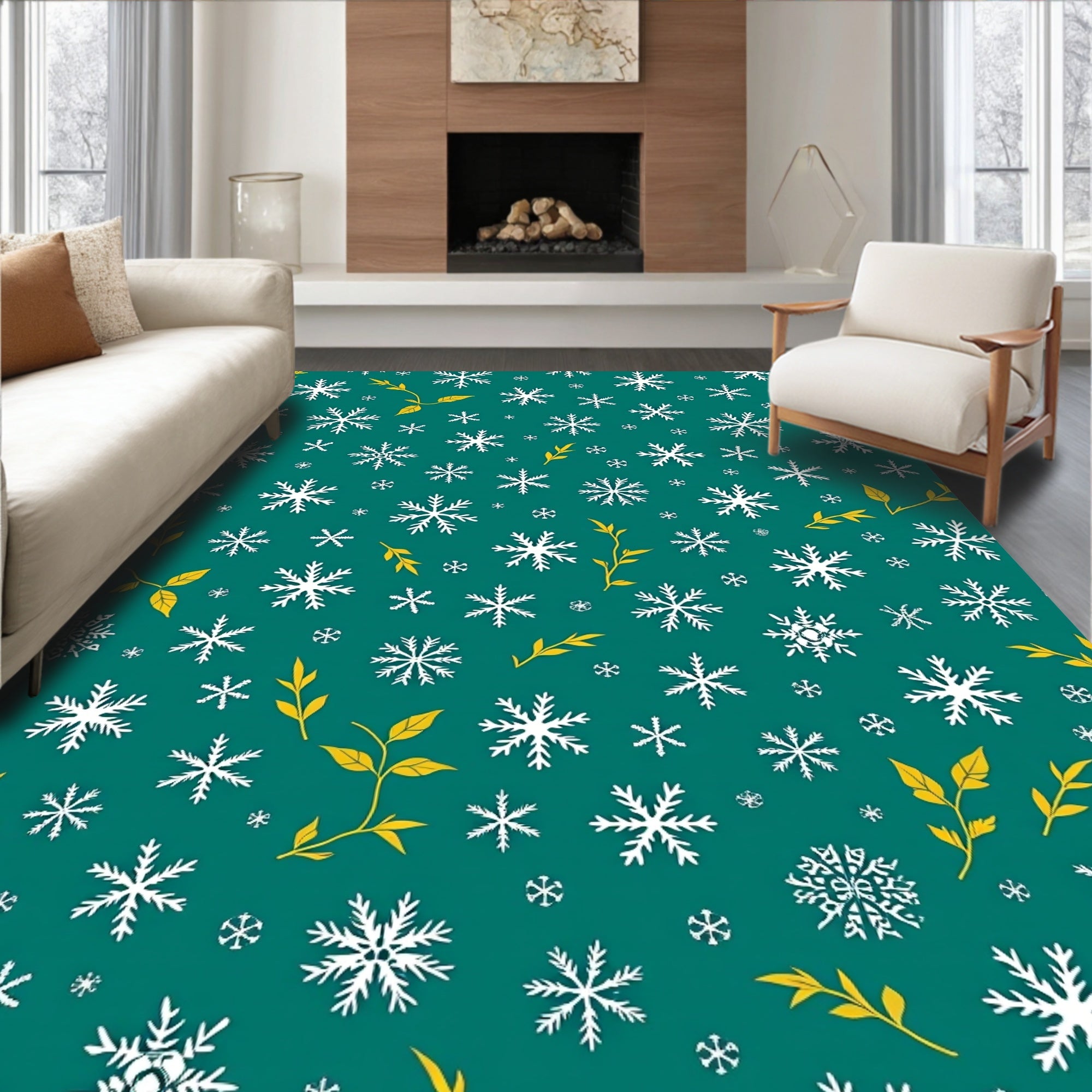 Teal White Snowflakes Gold Foliage Rug