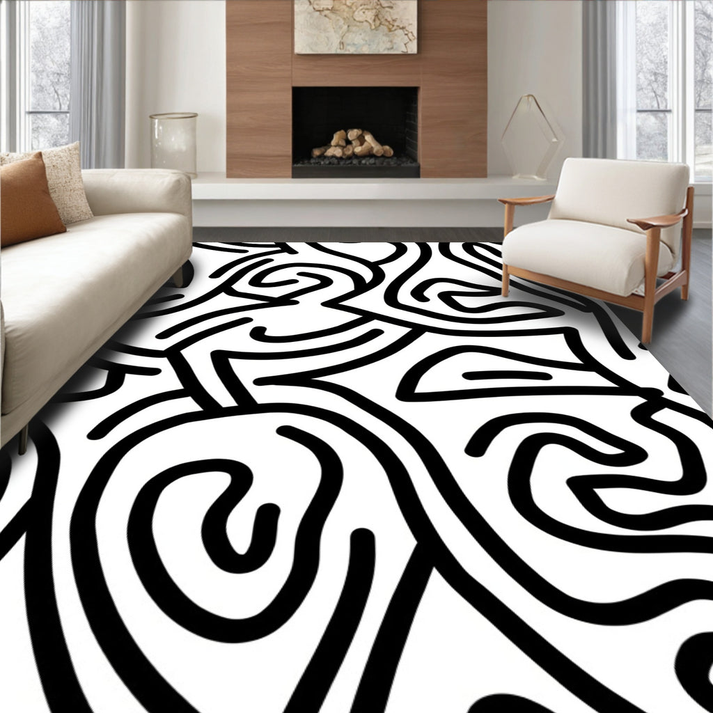 Abstract Black White Continuous Line Rug
