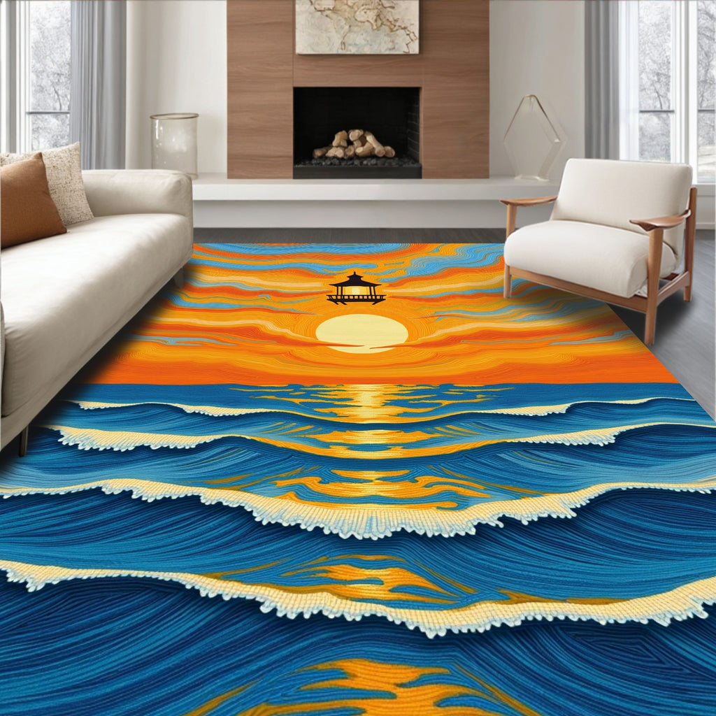 Orange Sunset Pagoda Ocean Waves Rug