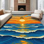 Orange Sunset Pagoda Ocean Waves Rug