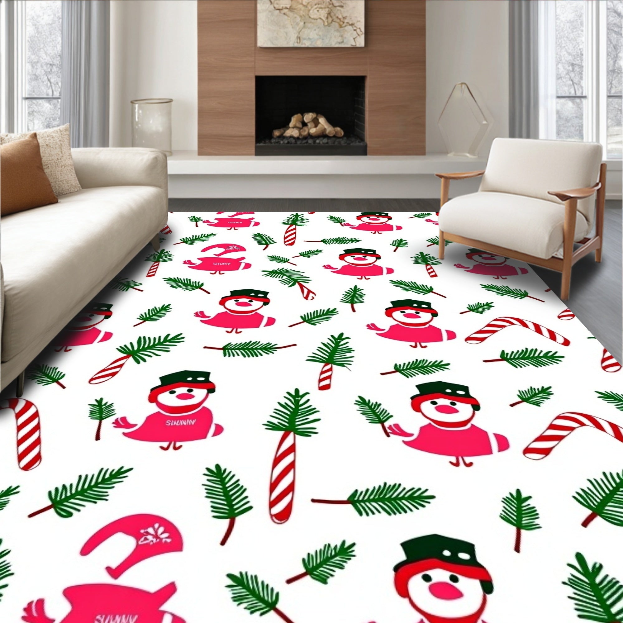 Festive Snowman Candy Cane Pine Sprigs Rug
