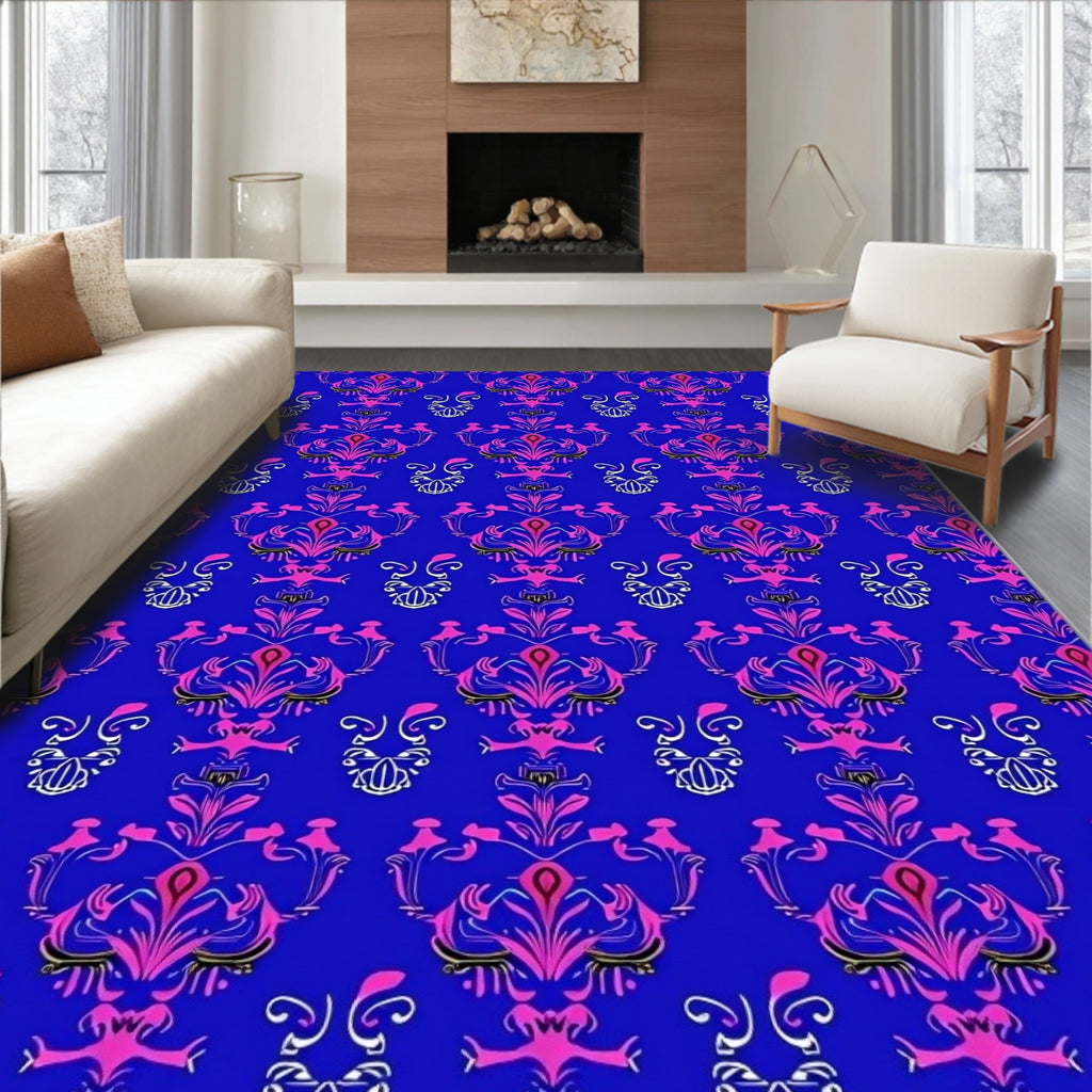 Bold Royal Blue Pink Floral Damask Rug