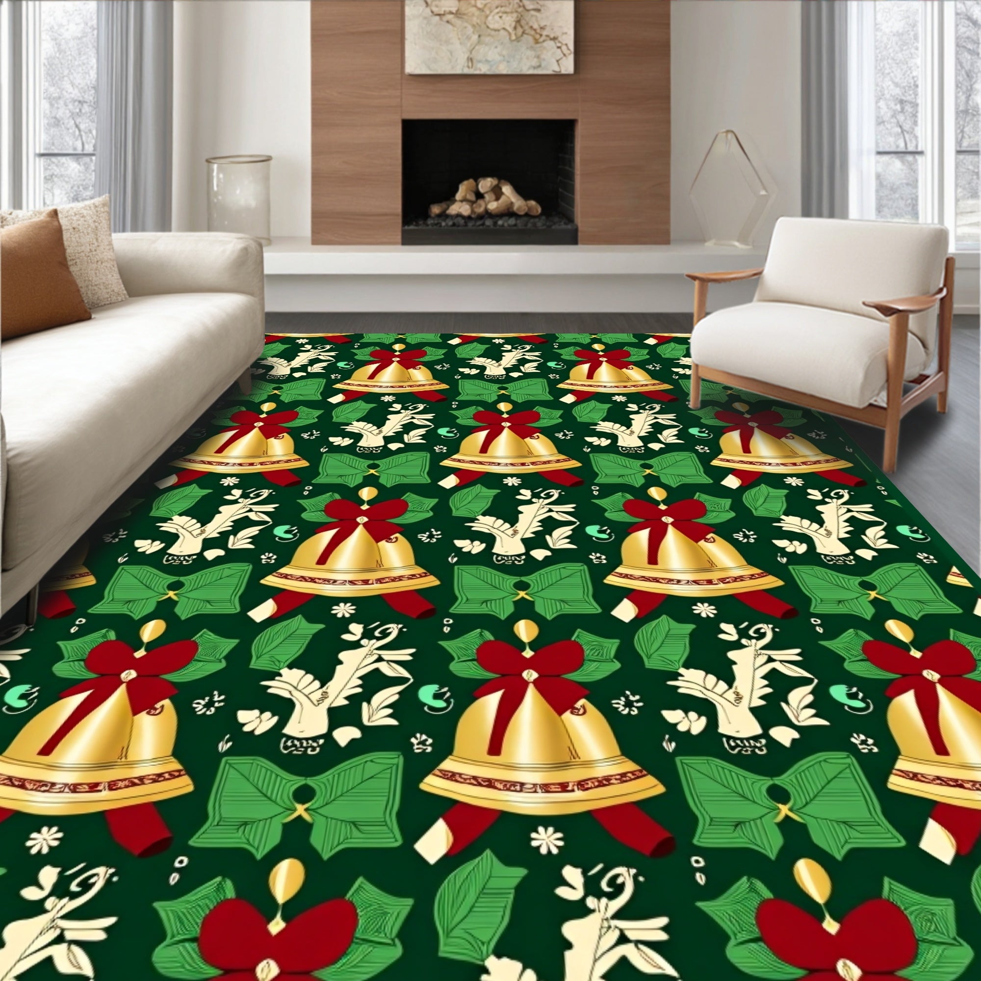 Festive Gold Bells Red Bows Holly Rug