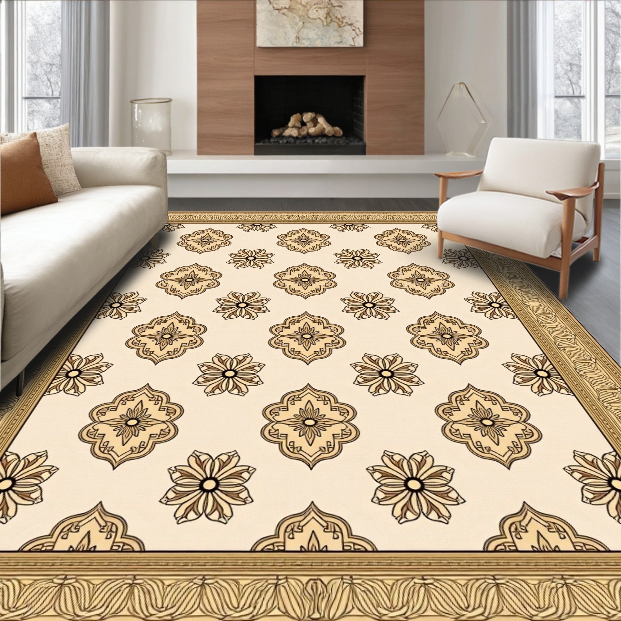 Antique Cream Ornamental Floral Arrangement Rug