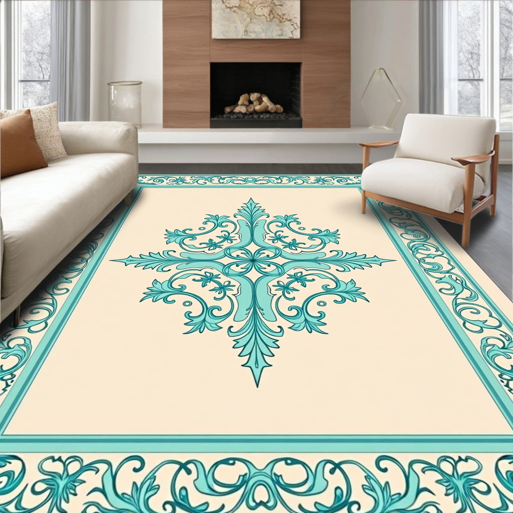 Elegant Teal Floral Scroll Ornament Rug
