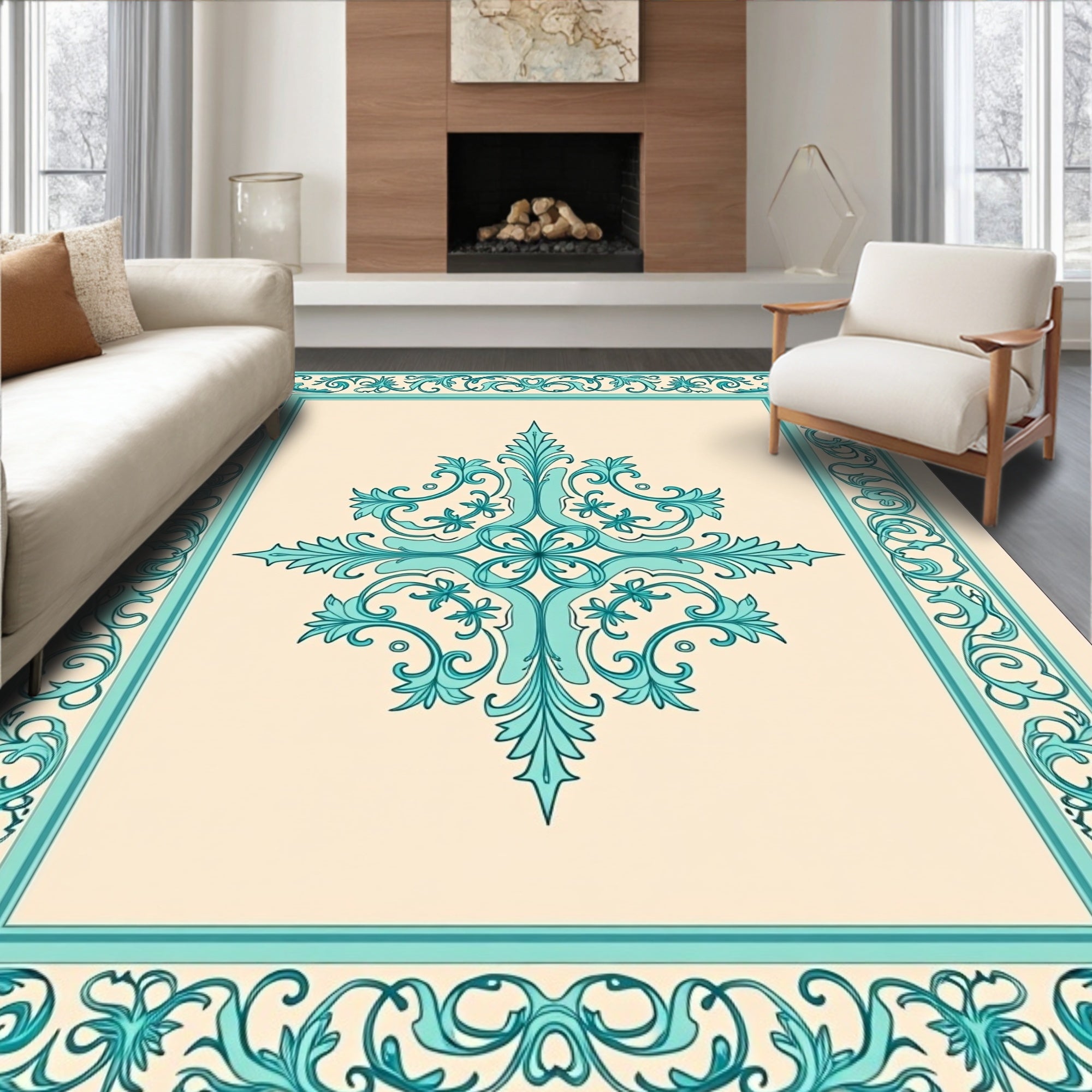 Elegant Teal Floral Scroll Ornament Rug