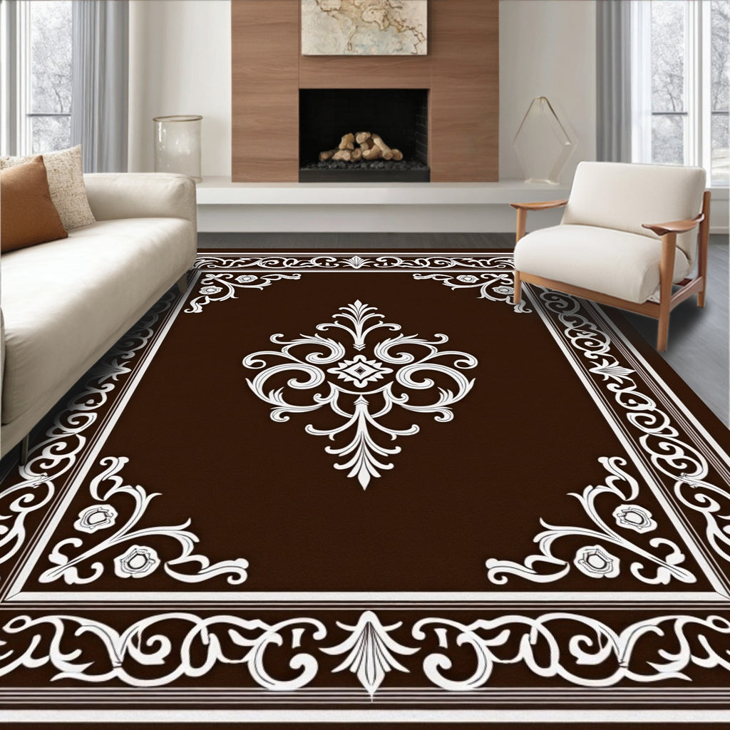Rich Brown White Ornate Medallion Rug