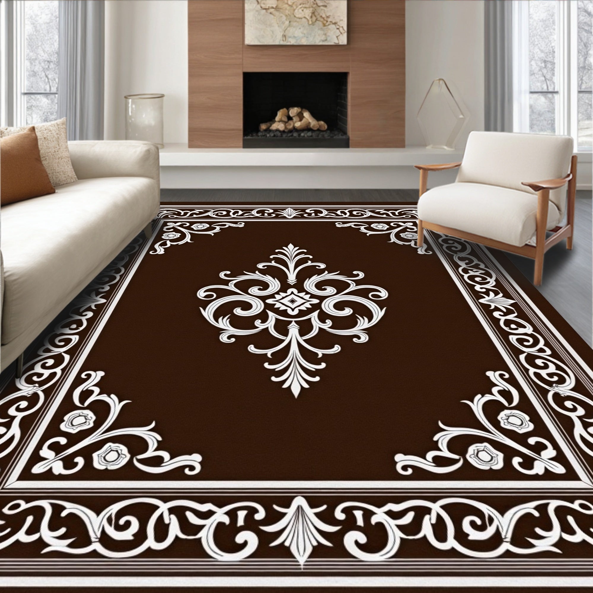 Rich Brown White Ornate Medallion Rug