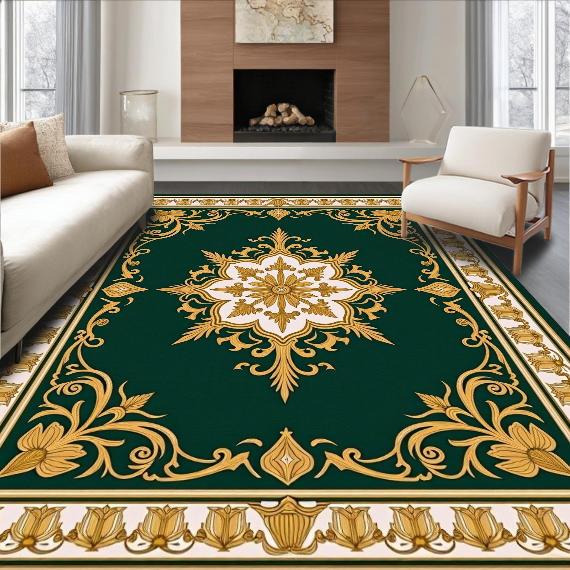 Emerald Gold Floral Medallion Border Rug
