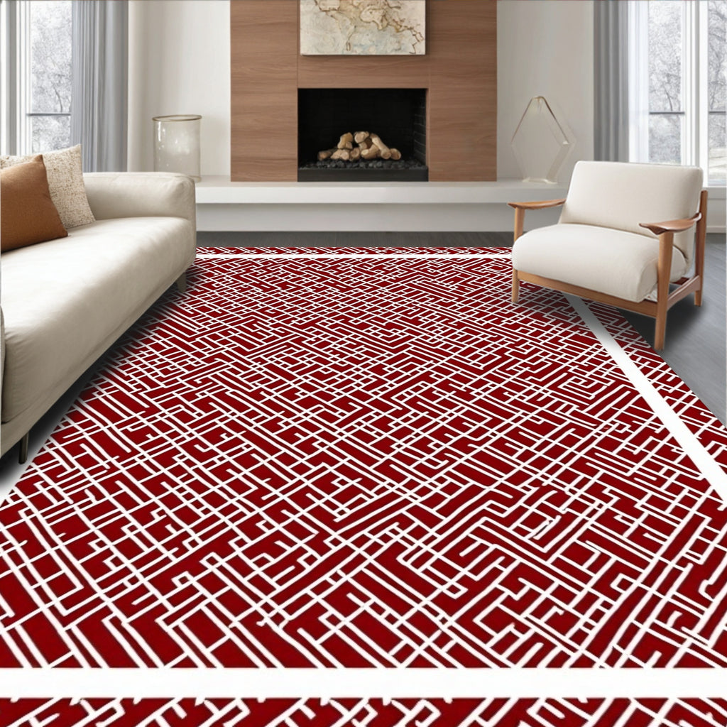 Deep Red Geometric Maze Rug