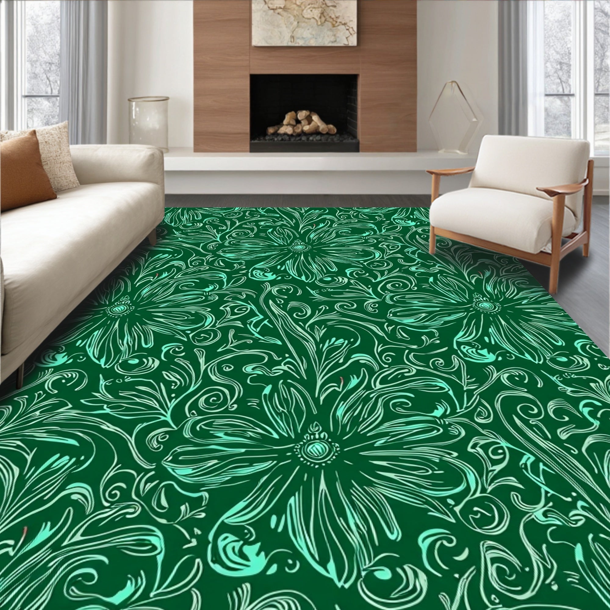 Emerald Green Floral Swirls Rug