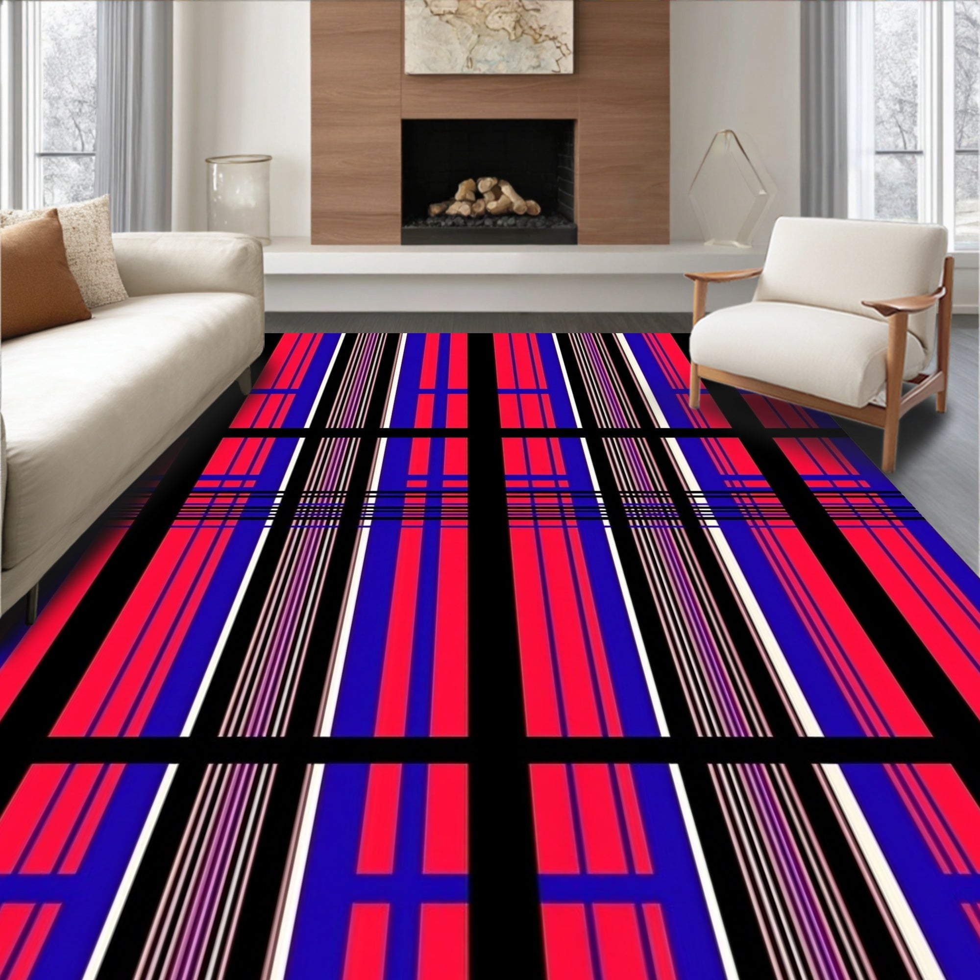 Red Blue Black Plaid Grid Rug