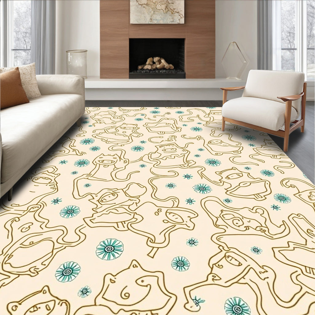 Whimsical Golden Creatures Teal Flowers Rug