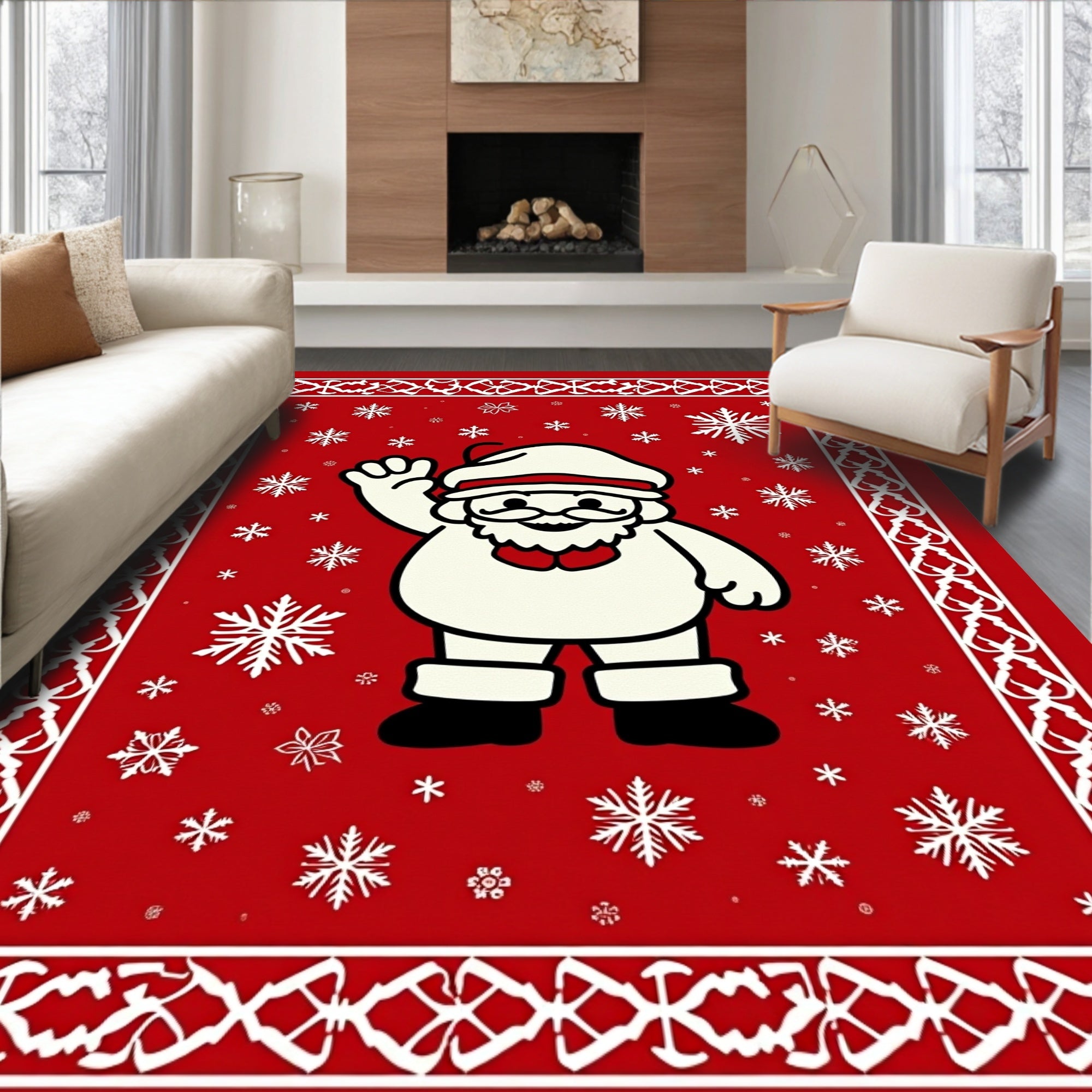 Festive Red Snowman Snowflake Border Rug