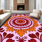 Crimson Orange Floral Sunburst Mandala Rug