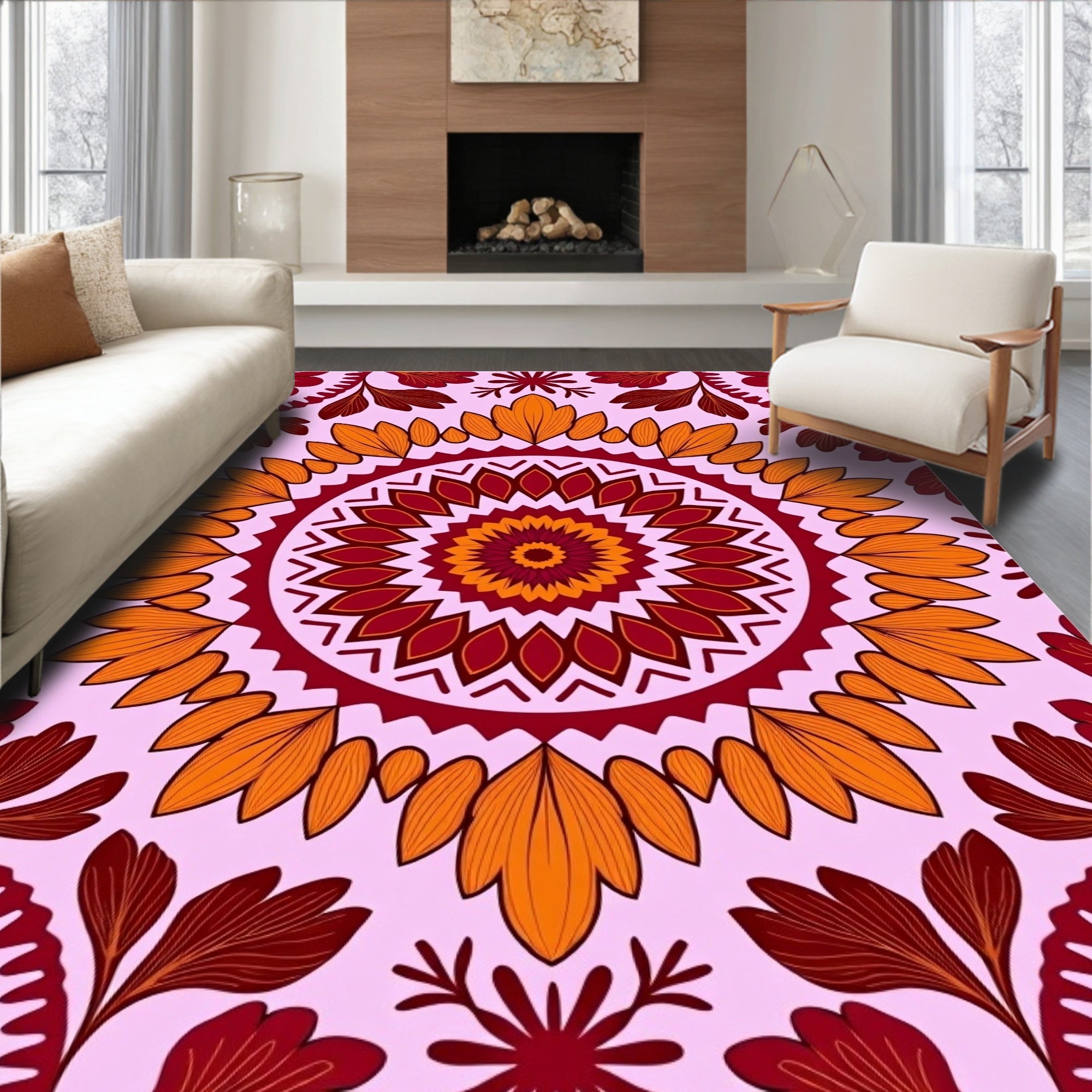 Crimson Orange Floral Sunburst Mandala Rug