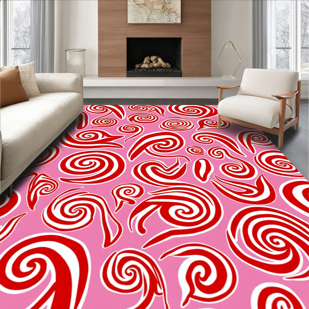 Whimsical Red Swirls Pink Background Rug