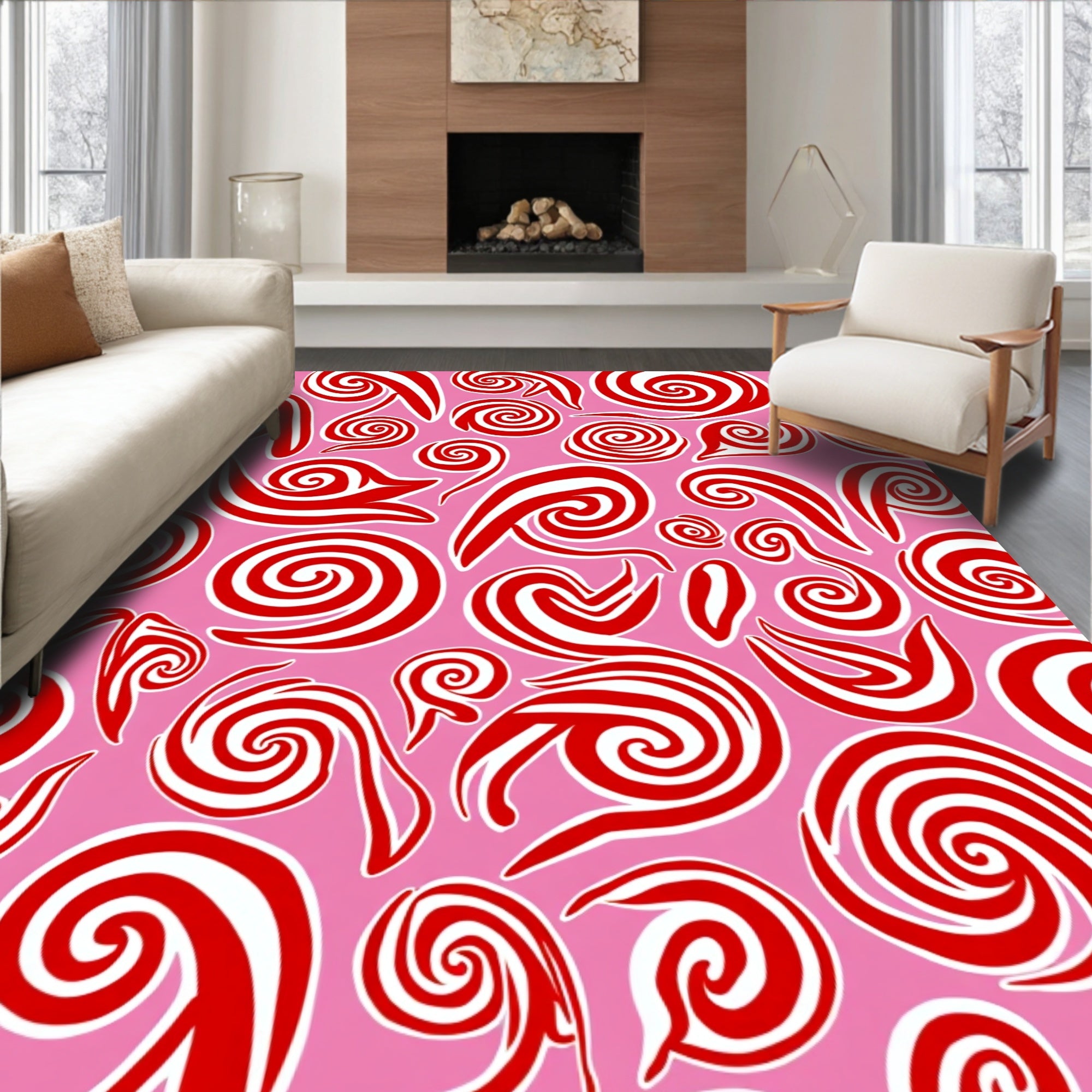 Whimsical Red Swirls Pink Background Rug