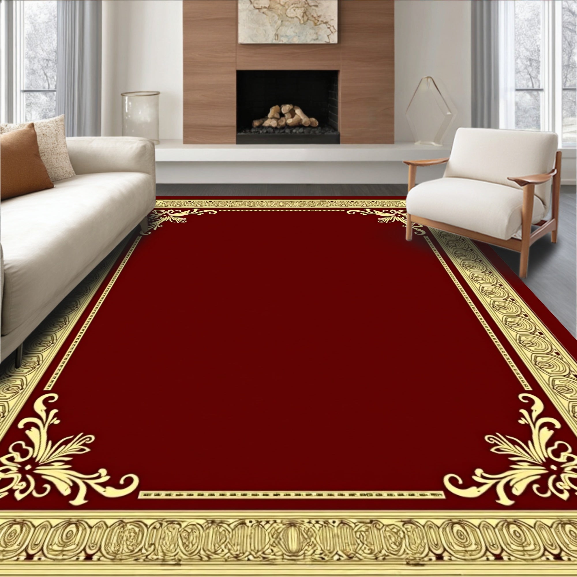 Ornate Golden Filigree Border Rug