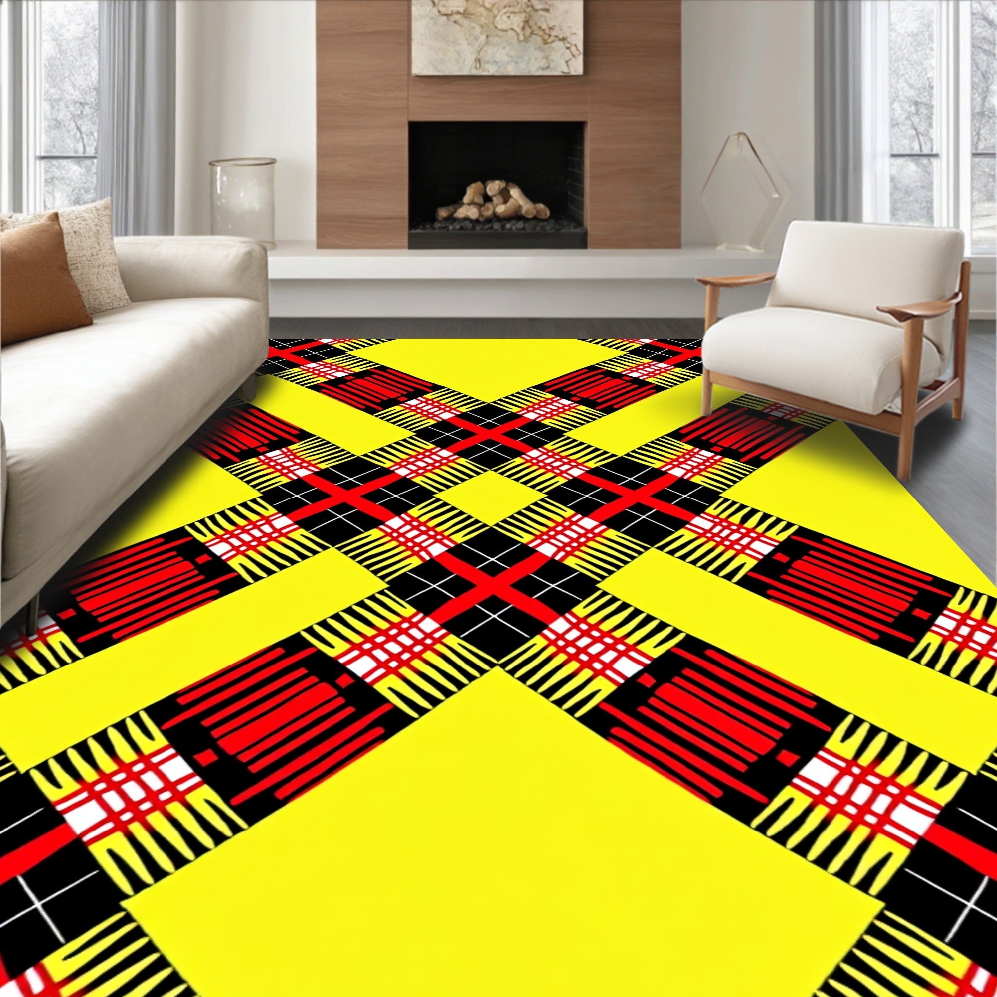 Bright Yellow Red Black Plaid Rug