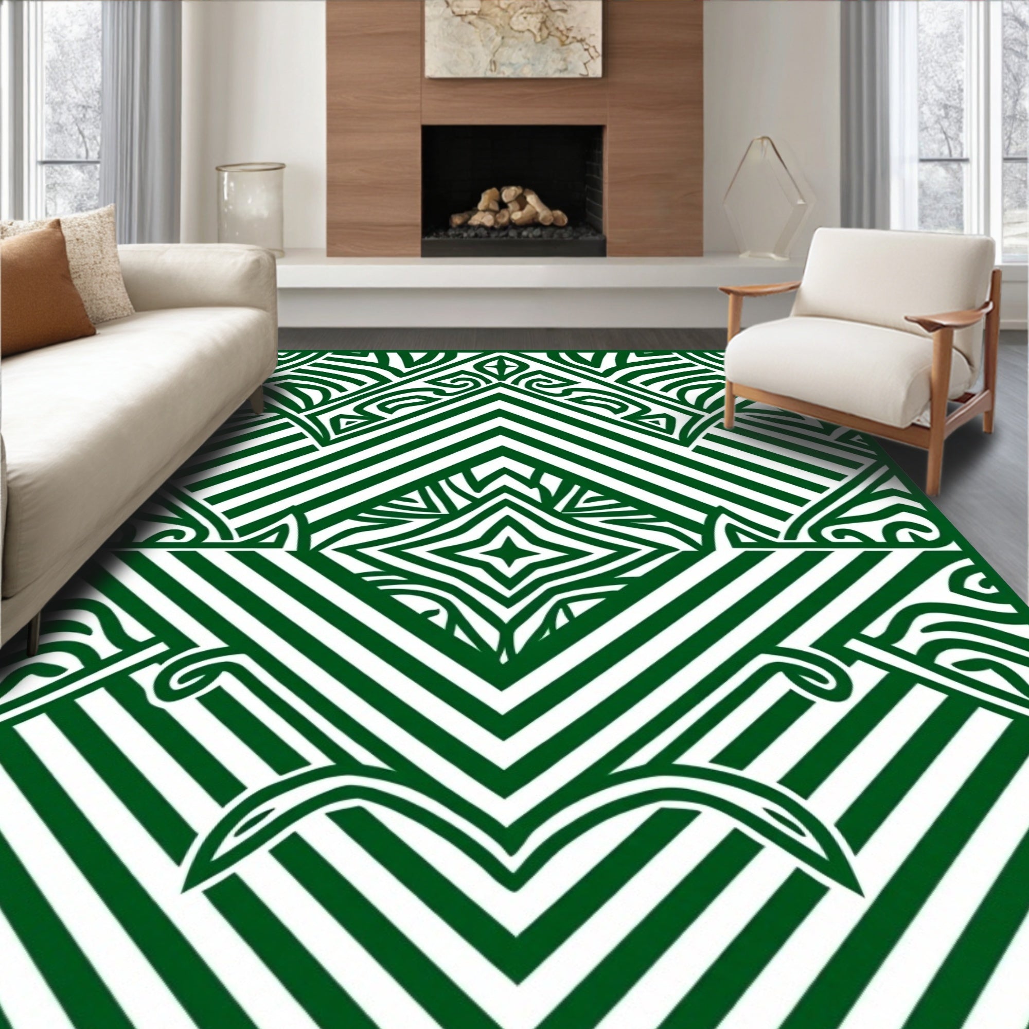Emerald Green Abstract Geometric Stripes Rug