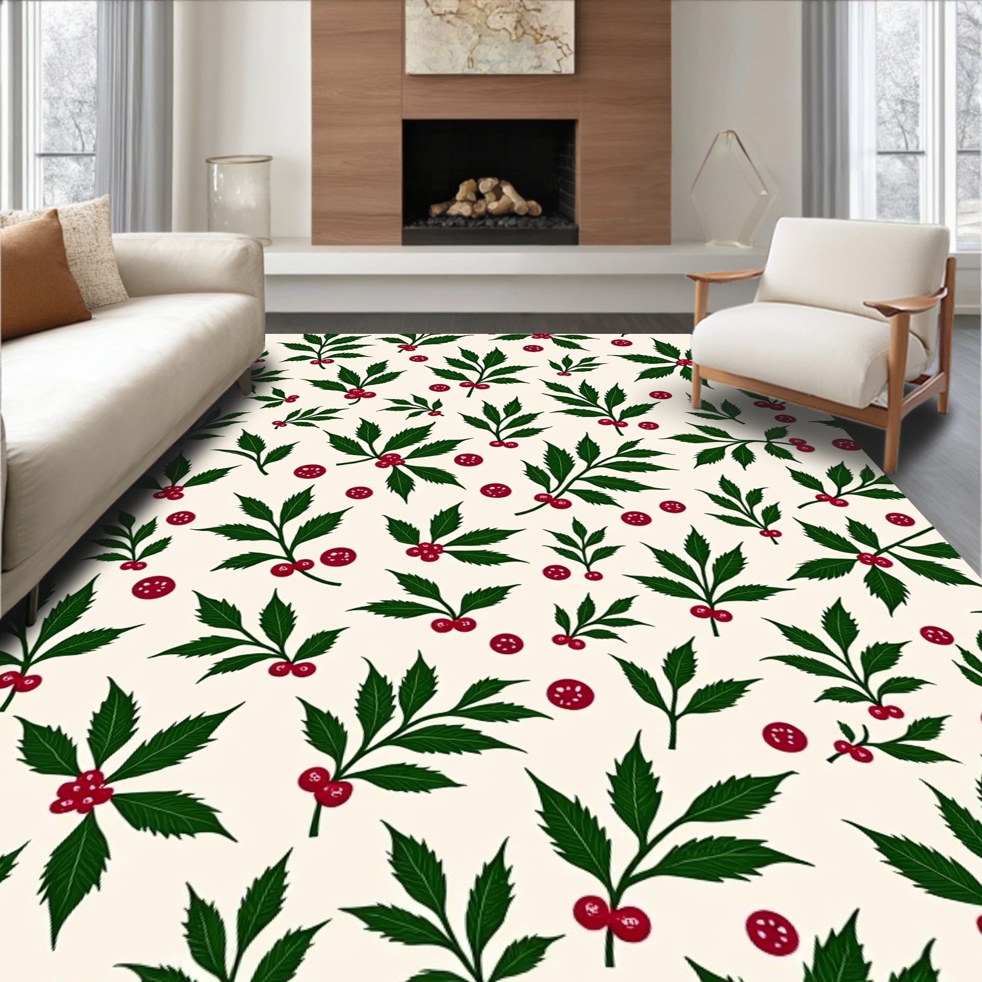 Green Leaf Red Berry Festive Rug