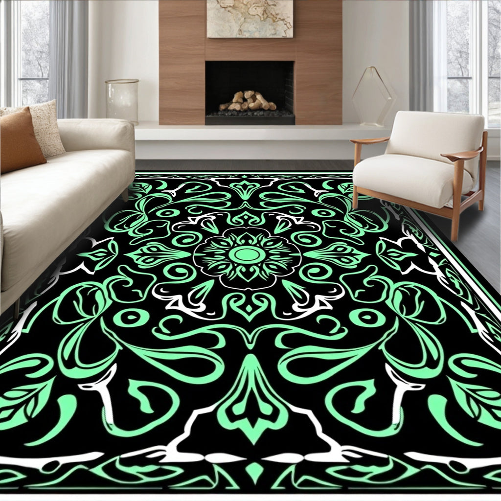Mint Green Black Floral Scroll Medallion Rug